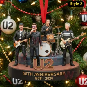 The image displays four musicians performing on a fiftieth anniversary platform hanging on a Christmas tree.