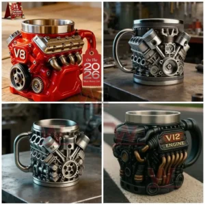 Red V8 engine inspired mug with metallic details and mechanical textures displayed on a workbench!