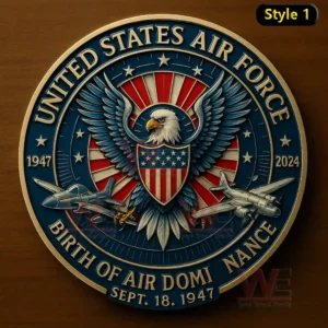 A circular metal style emblem displays an eagle with wings extended a shield on its chest and fighter aircraft arranged around a patriotic background!