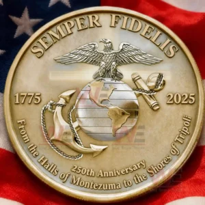 A marine corps themed coin with an eagle a globe and an anchor arranged as a central emblem on a patriotic background!