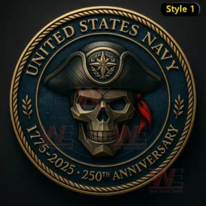United States Navy commemorative challenge coin with skull emblem naval hat and anniversary design on a dark background!