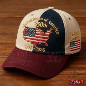 Cream navy and burgundy anniversary cap with embroidered USA map flag design and two hundred fiftieth anniv side patch!