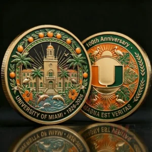 Two University of Miami commemorative coins one with a campus tower scene and one with the green and orange U logo marked 100th Anniversary and Magna Est Veritas.