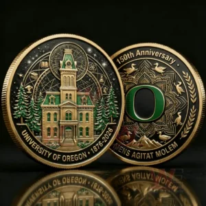 University of Oregon one hundred fiftieth anniversary commemorative coins showing a campus building design on one side and a green O with anniversary text on the other.