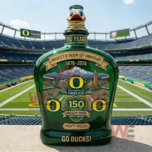 Green anniversary whiskey bottle with University of Oregon design displayed inside a football stadium!