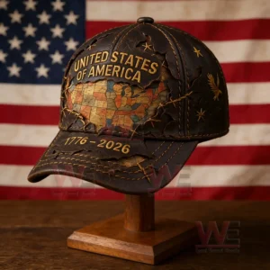US 250th Anniversary 1776-2026 Printed Casual Hat cap 6 Leather look patriotic cap displayed on a wooden stand with United States map artwork and American flag background!