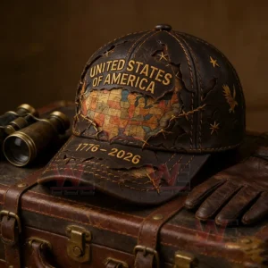 US 250th Anniversary 1776-2026 Printed Casual Hat cap 7 Vintage style leather cap placed on an old suitcase with travel props creating a nostalgic American heritage atmosphere!