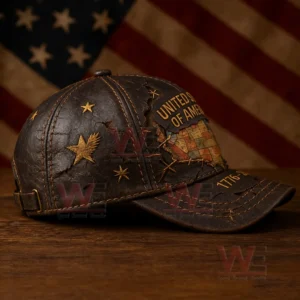 US 250th Anniversary 1776-2026 Printed Casual Hat cap 8 Side view of a distressed leather style cap with star embroidery and patriotic design set against an American flag background!