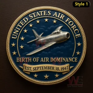 United States Air Force commemorative coin with a silver jet aircraft flying in a circular emblem against a blue background with gold stars!