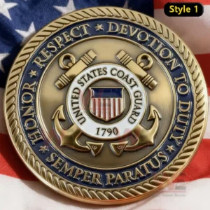United States Coast Guard honor coin with anchor and shield design resting on an American flag!