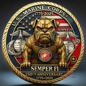 A patriotic Marine Corps coin with a central bulldog figure and detailed symbolic engravings!