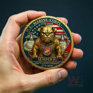 A hand holding a detailed Marine Corps commemorative coin featuring a strong bulldog and patriotic symbols!