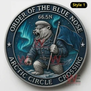 Navy blue nose challenge coin front design featuring a polar bear soldier standing in arctic ice with bold military symbolism!
