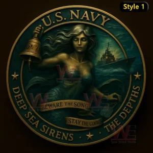 This image presents an artistic navy themed coin featuring a powerful siren rising from deep waters symbolizing danger vigilance and maritime legend within naval history!