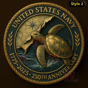United States Navy anniversary coin with a sea turtle emerging from water over a vintage navigation map!