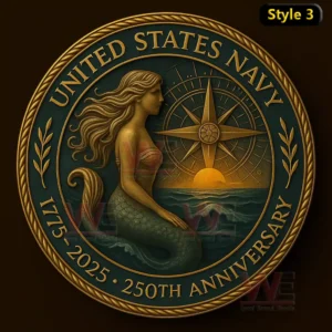 United States Navy coin showing a mermaid beside ocean waves with a compass rose and sunrise!