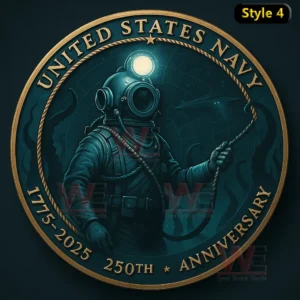 United States Navy anniversary coin with a deep sea diver illuminated by a helmet light underwater!