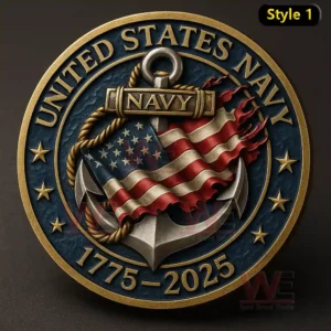 United States Navy commemorative coin with anchor rope and American flag in a bold metallic design!