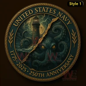 United States Navy anniversary coin featuring a lighthouse in a storm with lightning clouds dark waves and a looming sea monster representing maritime danger and naval vigilance!