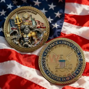 Two commemorative coins on a flag one with a sea king holding a trident and one with an eagle crest surrounded by values of duty and honor!
