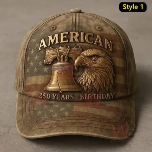 Distressed brown American themed cap with raised lettering eagle head liberty bell graphic and two hundred fifty years birthday text!