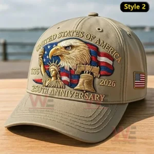 USA 250 Years Birthday Eagles and Bell Cap hat 5 Beige cap with embroidered United States of America two hundred fiftieth anniversary design eagle head flag statue of liberty liberty bell and a USA flag patch on the side!