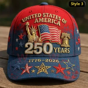 USA 250 Years Birthday Eagles and Bell Cap hat 6 Red and blue star patterned cap with large embroidered United States of America two hundred fifty years text statue of liberty flag bell and years one seven seven six to two zero two six!