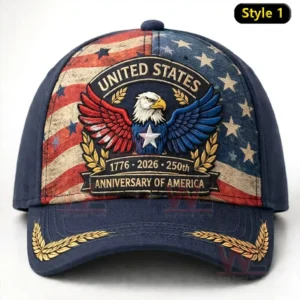 Navy cap with a faded American flag pattern and a large United States eagle emblem plus 1776 2026 250th anniversary lettering and gold laurel embroidery on the brim.