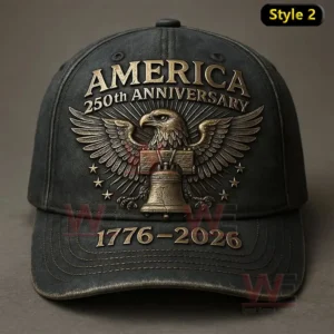 USA 250th Anniversary 1776-2026 Eagles Cap hat 6 Black cap with America 250th Anniversary text an eagle with spread wings above a liberty bell and large 1776 2026 embroidery on the brim.