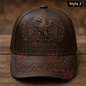 USA 250th Anniversary 1776-2026 Eagles Cap hat 7 Brown leather style cap with an embossed eagle and laurel wreath plus 1776 2026 US 250th Anniversary text and decorative scrollwork on the brim.