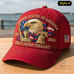 USA 250th Anniversary 1776-2026 Eagles Cap hat 8 Red cap with United States Of America embroidery eagle flag Statue of Liberty and liberty bell artwork plus 1776 2026 and 250th Anniversary text and an American flag patch on the side.