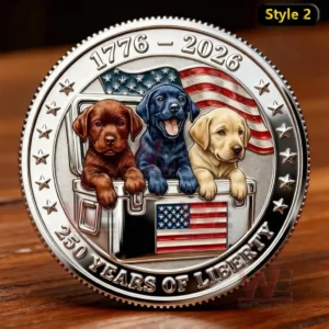 USA 250th Anniversary Three Colors, One Nation Commemorative Coin 3 Anniversary liberty coin featuring three puppies American flags stars and detailed metal engraving displayed on a wooden surface!