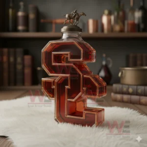 An SC shaped amber bottle with a horse rider top placed on a white furry surface in a room with books and warm decor!