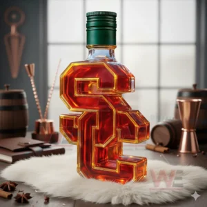 An SC shaped amber bottle with a green cap placed on a white mat surrounded by barrels copper tools and books!