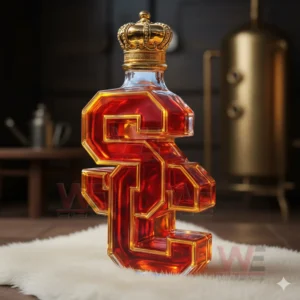 An SC shaped amber bottle with a gold crown top standing on a white surface in a distillery styled environment!