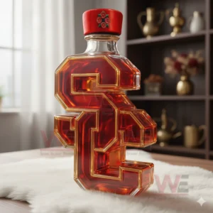 An SC shaped amber bottle with a red rose decorated cap placed on a white mat in a room with shelves of golden accents!