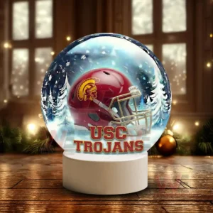 USC Trojans LED Snow Globe Night Light Christmas Ornament 6 Snow globe style display featuring a USC Trojans helmet on a white base in a winter scene!