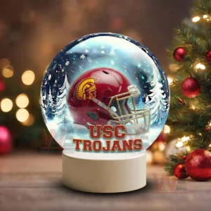 USC Trojans LED Snow Globe Night Light Christmas Ornament 7 Holiday themed snow globe with USC Trojans helmet on a white base near Christmas decorations!