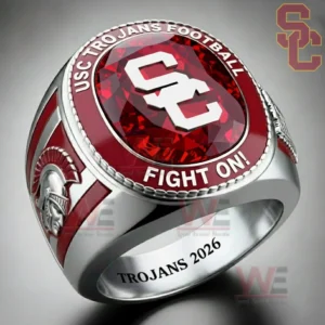 Silver USC Trojans football ring with a red gemstone style top displaying the SC logo and engraved text USC Trojans Football Fight On and Trojans 2026.