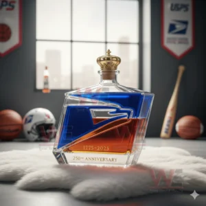 A USPS themed anniversary bottle displayed on a white rug inside a bright sports room.