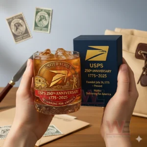 Hands holding a postal service commemorative whiskey glass and presentation box in a warm indoor setting!