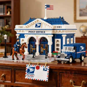 Block built U S P S post office with a horse riding mail carrier a blue delivery truck and a hanging anniversary envelope!