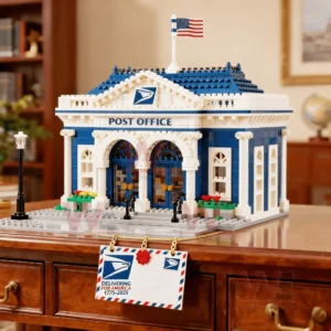 Block constructed U S P S post office with arches pillars and an anniversary envelope hanging below!
