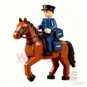 Block style mail carrier riding a brown horse with blue mail satchels!