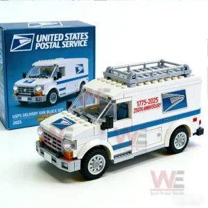 Building block postal delivery van displayed next to a themed box on a clean studio surface!