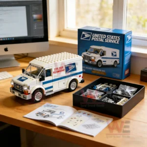 Postal delivery van building block model on a desk with parts tray and instruction book nearby!