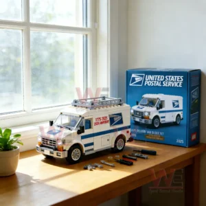 Finished postal delivery van building block model placed on a table near a bright window!