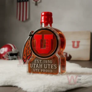 Utah Utes bottle with red U emblem and feather detail standing on a white rug in a sports themed room!