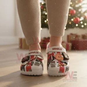 Van Halen Christmas Crocs Clogs with Charms 5 Feet wearing Van Halen themed clogs decorated with musical charms in a festive indoor setting.