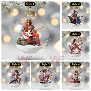 Multiple Christmas ornaments show rock themed guitarist figures inside clear globes with holiday accents and snowy backgrounds.